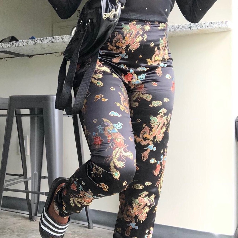 ♡ black silk dragon pants ♡
